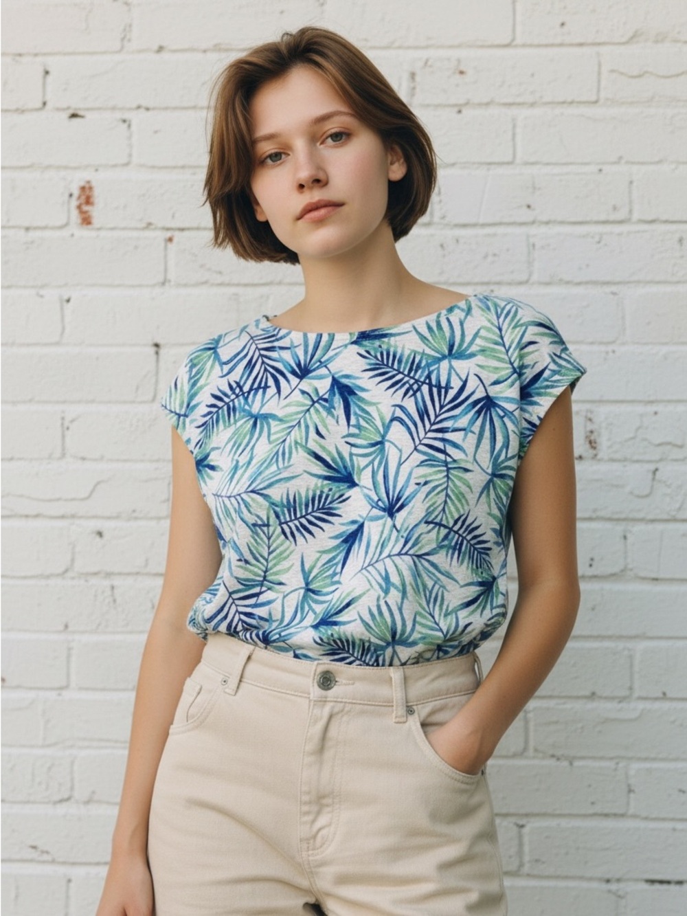Sigrid Olsen Blue & Green Leaf Print Cap Sleeve Tank